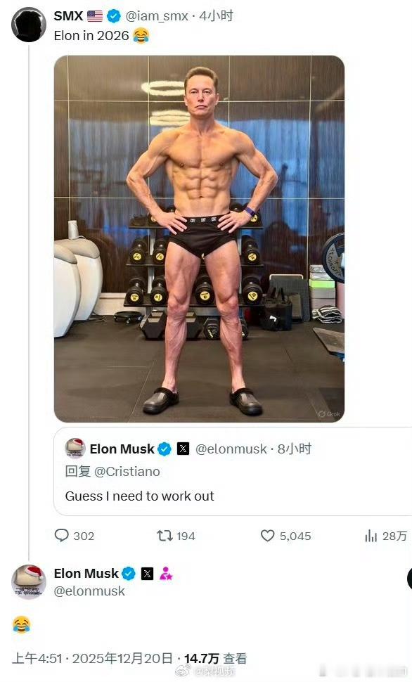 马斯克被C罗身材卷到了雷总要不要也发一个？下一个话题雷军被马斯克和C罗身材卷到了