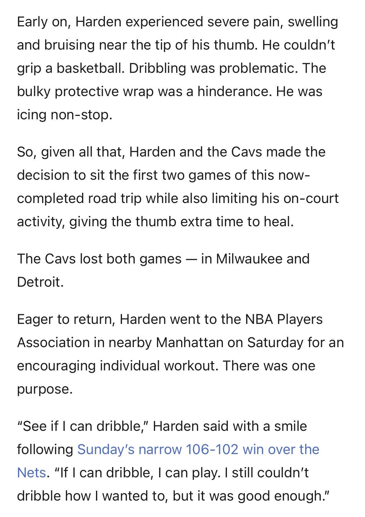 骑士记者ChrisFedor文章里说，哈登手指受伤后，起初出现严重的疼痛，肿胀