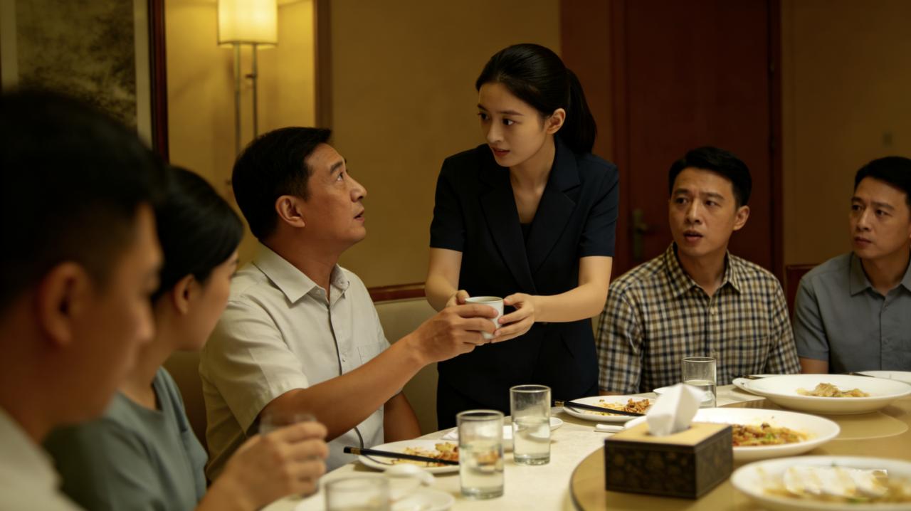 部门聚餐，新来的小姑娘给每个人倒茶。轮到老张时，茶壶空了。她赶紧去续水，老张摆