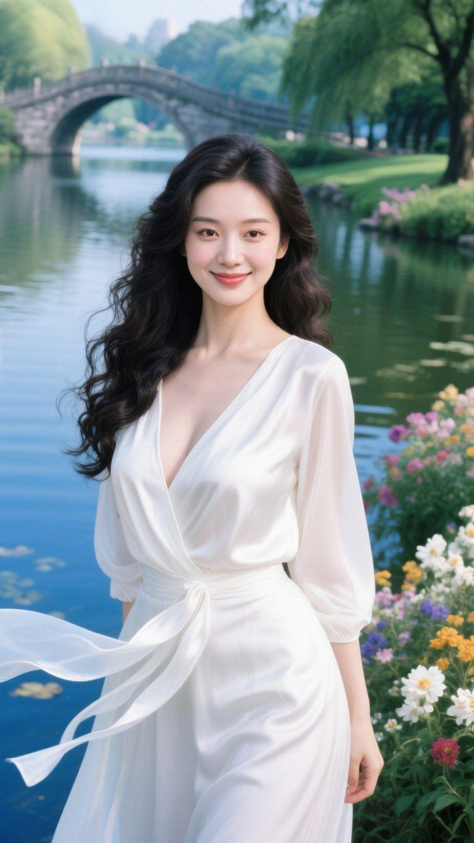 《白裙春和》湖岸风裹着花香，吹得白裙丝带轻扬——像把春日的柔意织进了衣料里