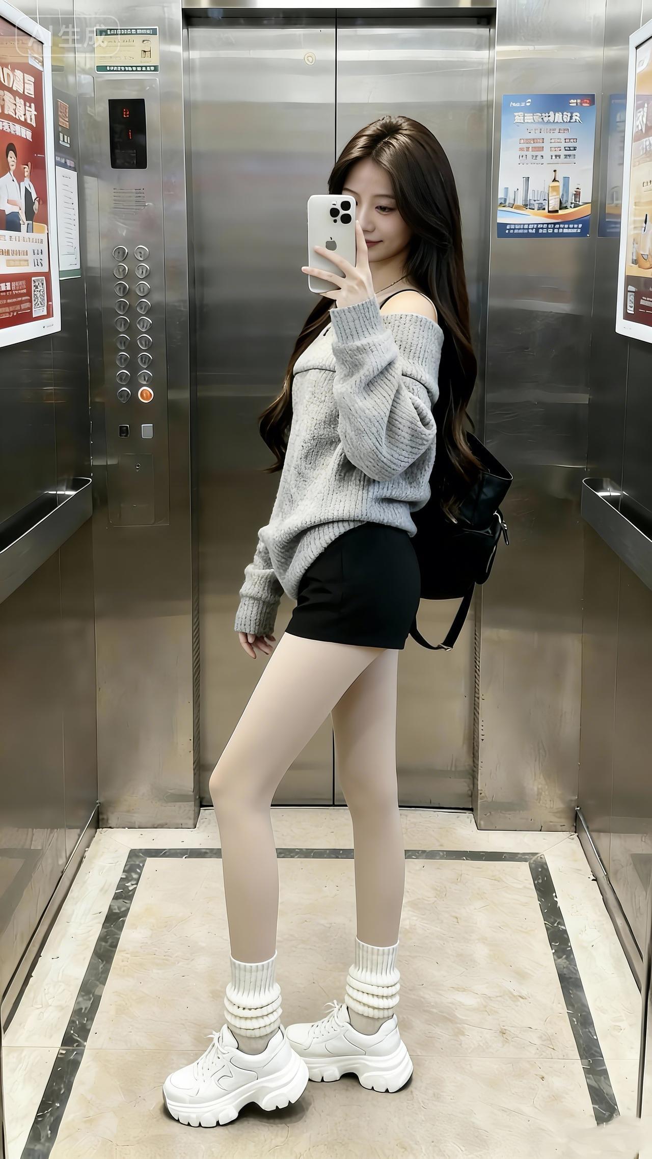 今日穿搭ootd电梯拍照姿势光腿神器