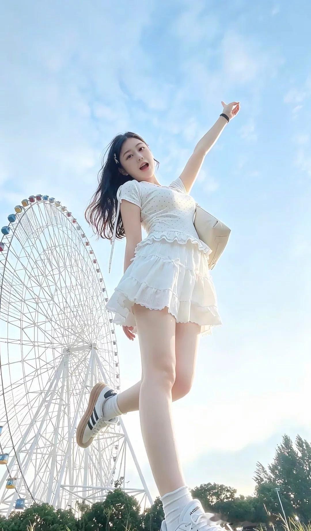 在摩天轮下，少女轻盈跳跃，捕捉美好瞬间！🎡💃🌞摩天轮摄影漂亮小姐姐