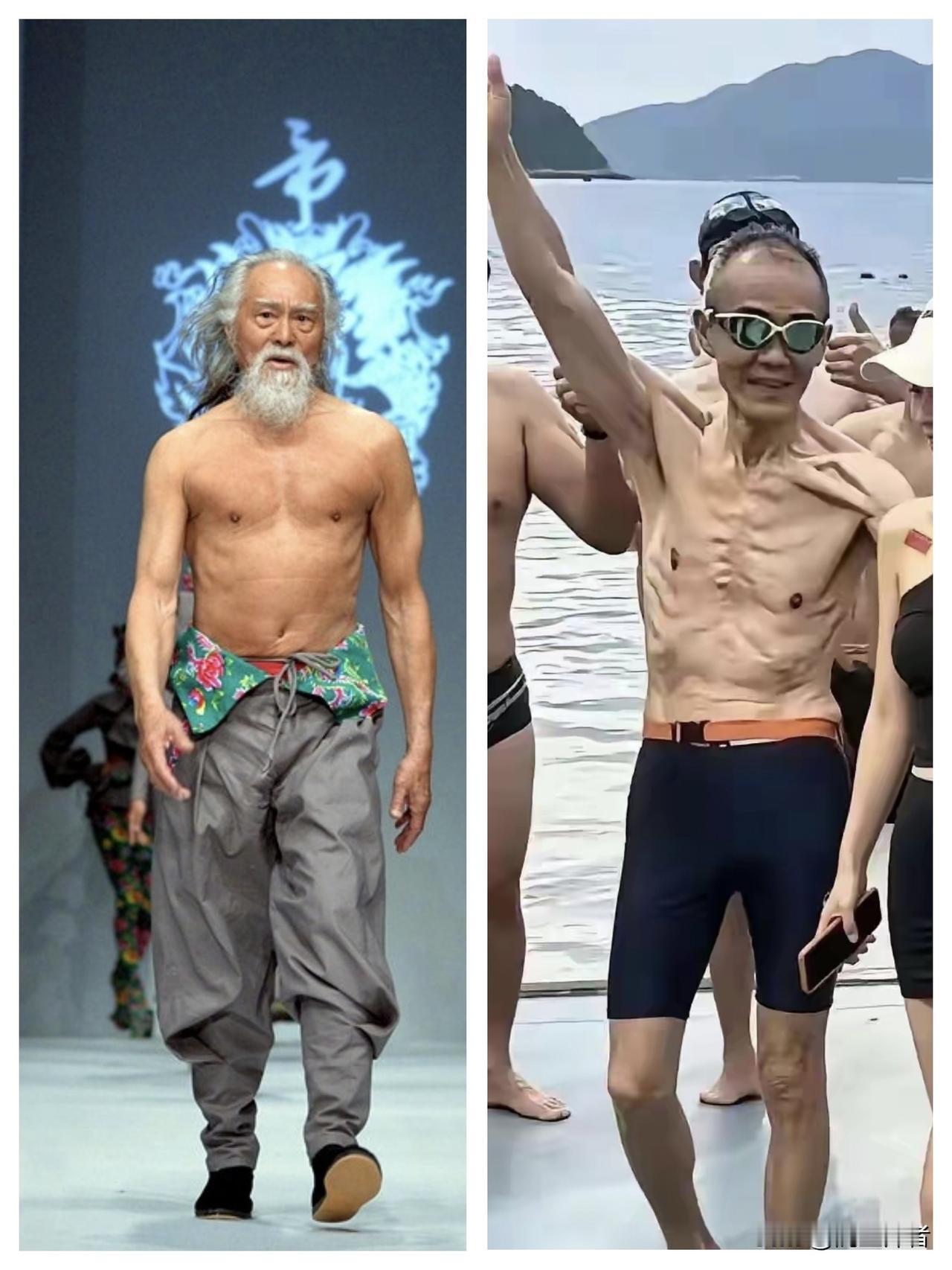 都是体育锻炼达人，左边是王德顺79岁走秀时的照片，从照片来看王德顺的胸腹部皮肤饱