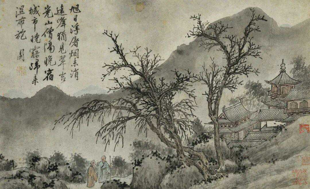 沈周《隐逸山水四帧》，设色纸本　册页镜框四幅每幅29.5x47.5cm。新