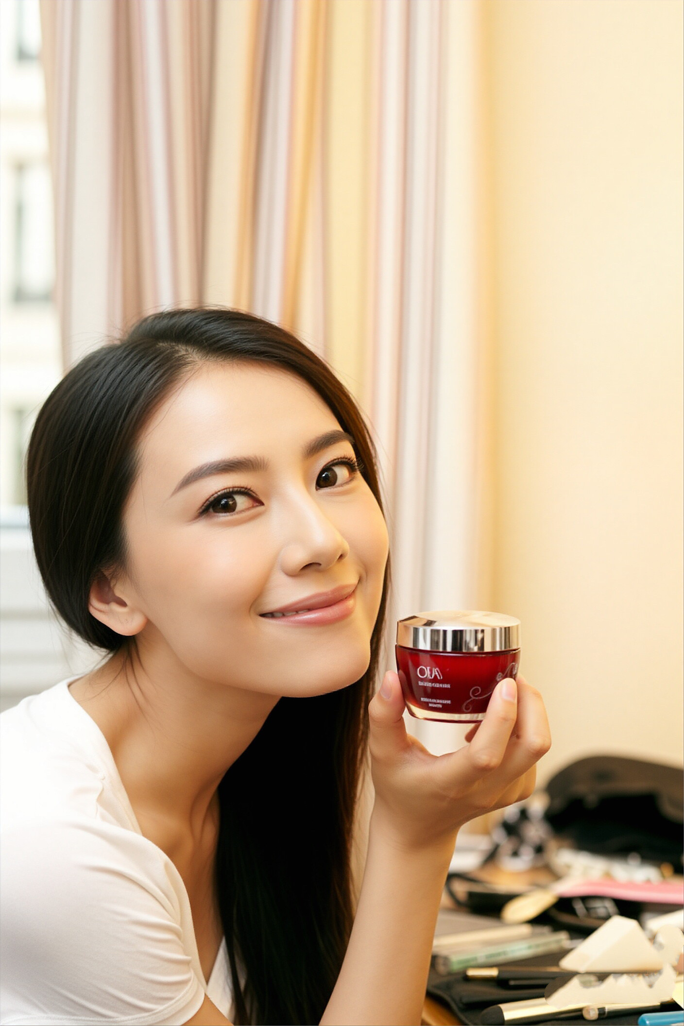 高圆圆这组把温婉气质和产品质感拿捏得恰到好处。白T衬得她干净清爽，眉眼间的温柔