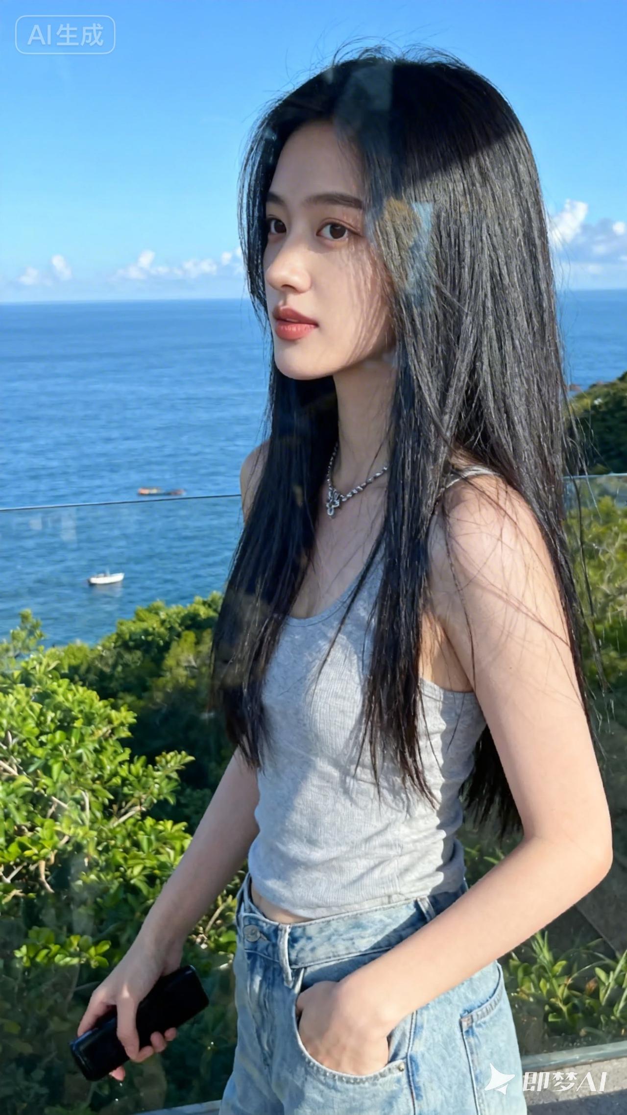 海边少女，清新自然，阳光明媚，海风轻拂