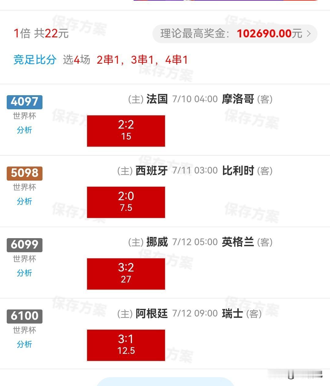 22元搏10万！这张比分神单什么水平？八强战刚出签，有彩友晒出一张22元的比