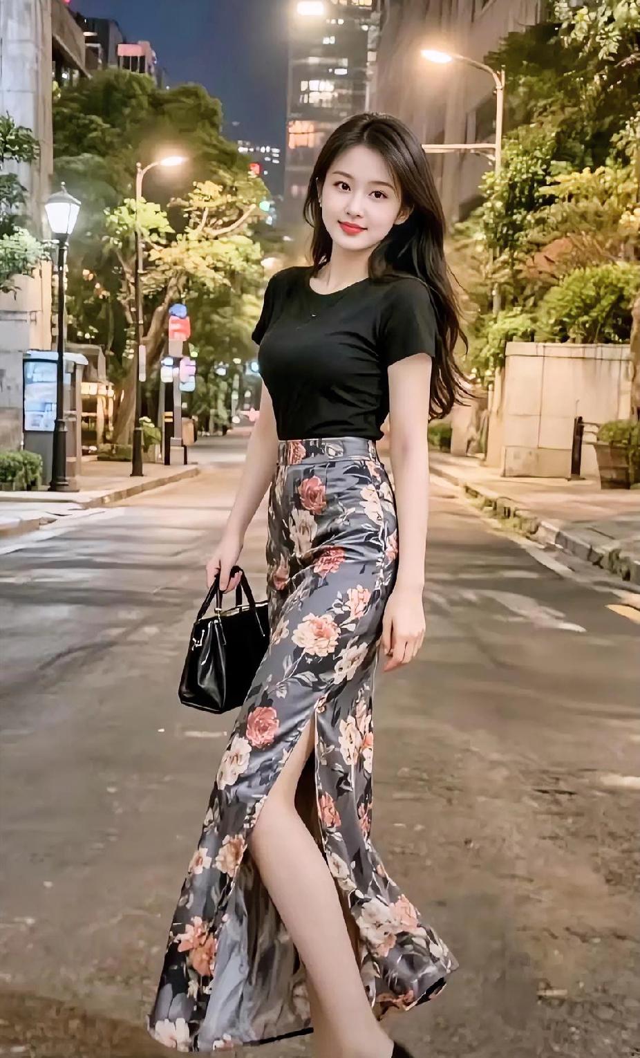 夜晚街拍，时尚穿搭，优雅气质，自信满满