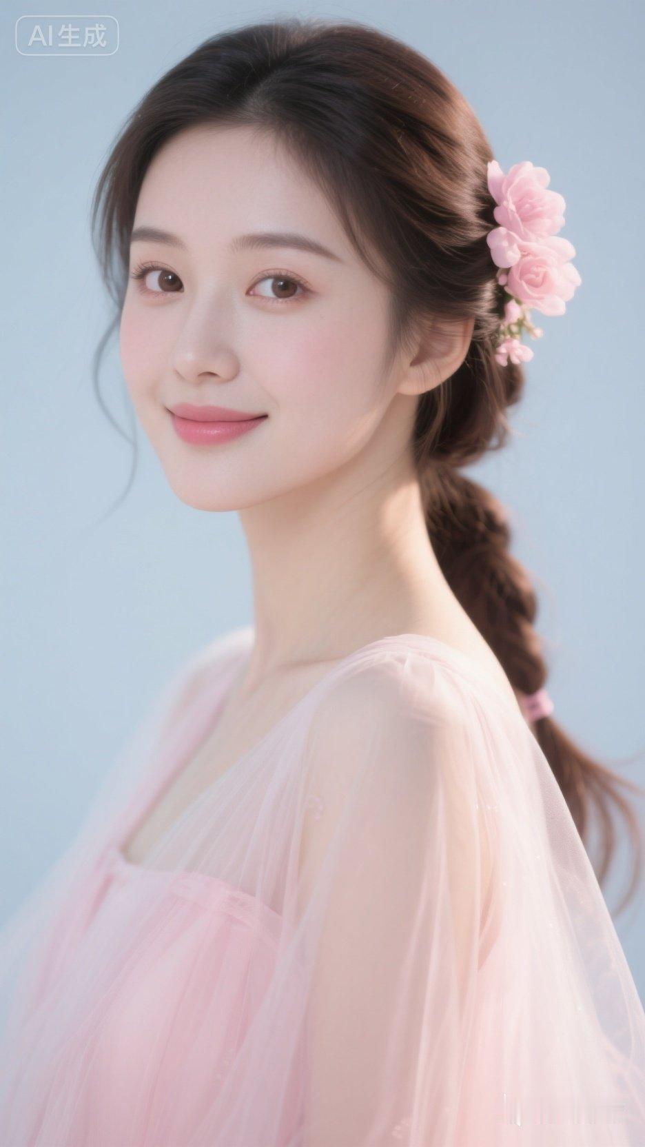 温柔粉嫩少女，甜美笑容，粉色花朵发饰，梦幻飘逸裙摆。