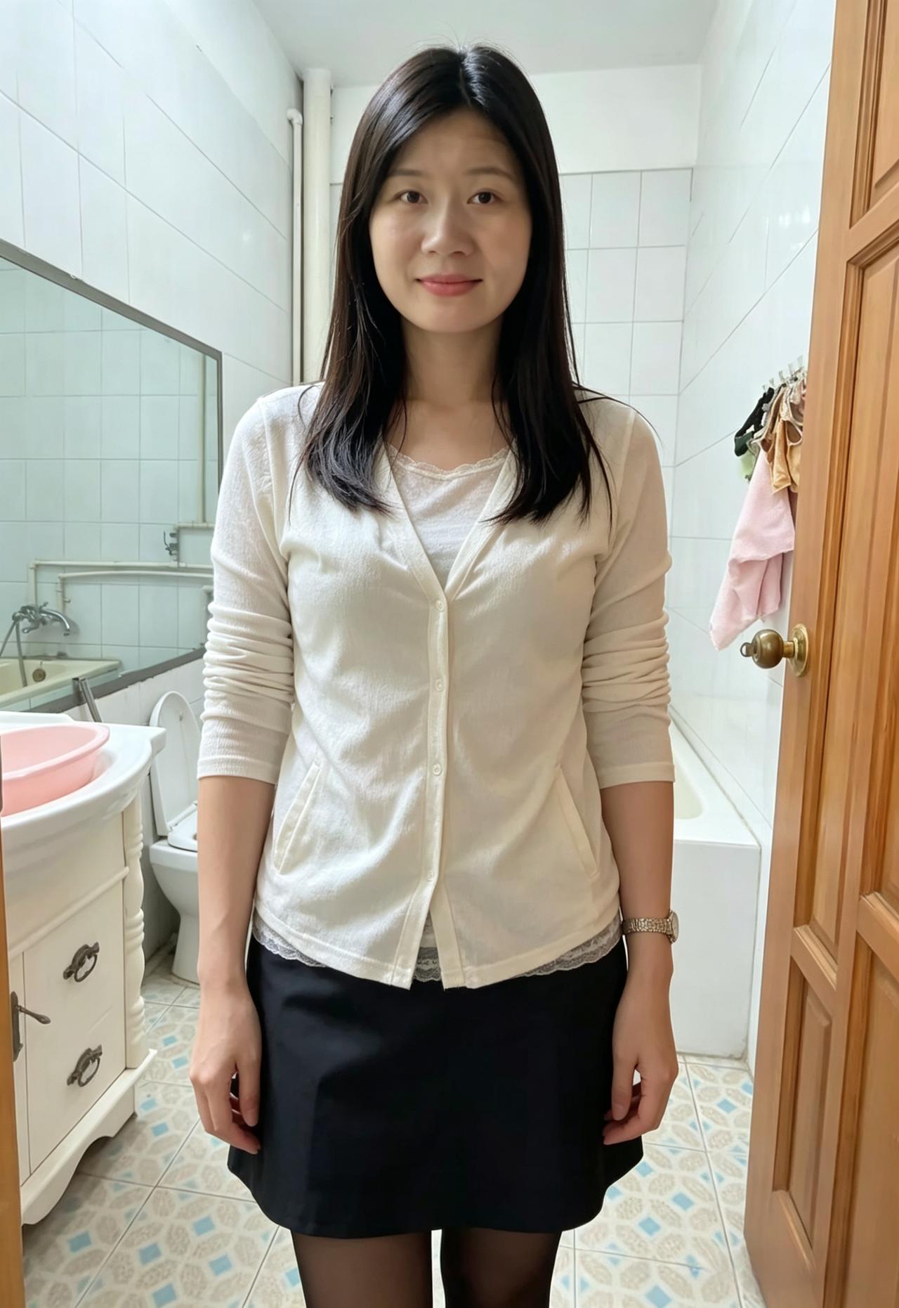 干净的空间，整洁的瓷砖墙面你从容站在其间，简约穿搭清爽亮眼米白针织开衫，温柔