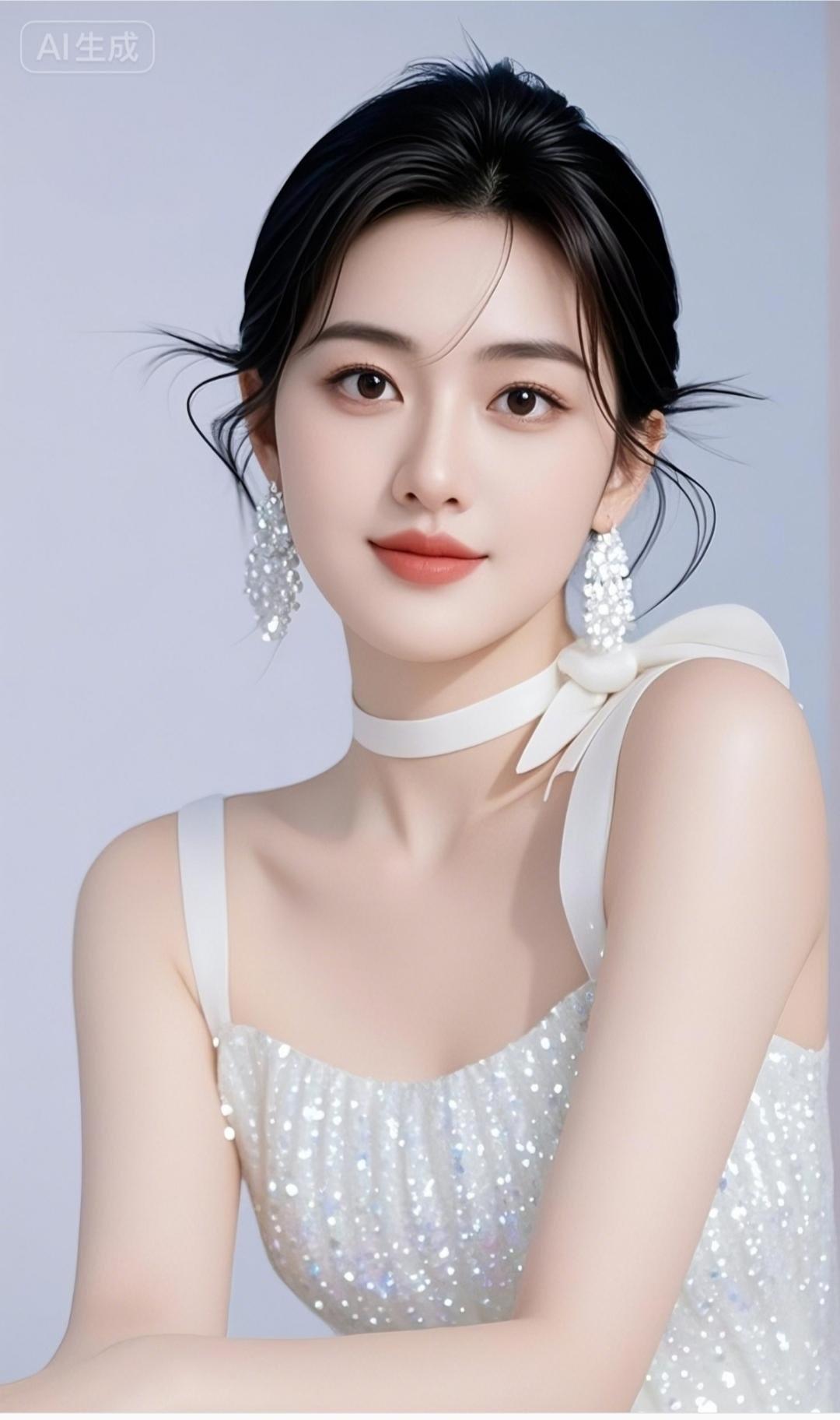 玉颜如花，珠光闪烁。