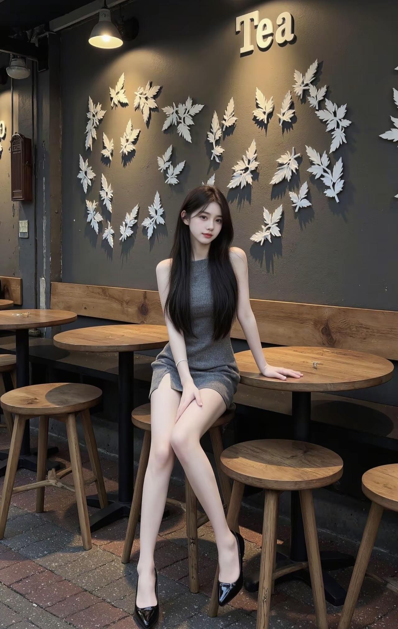 暖灯把木桌的纹理浸得温软，墙面上的叶影是静下来的风。灰裙裹着松弛的弧度，长发垂落