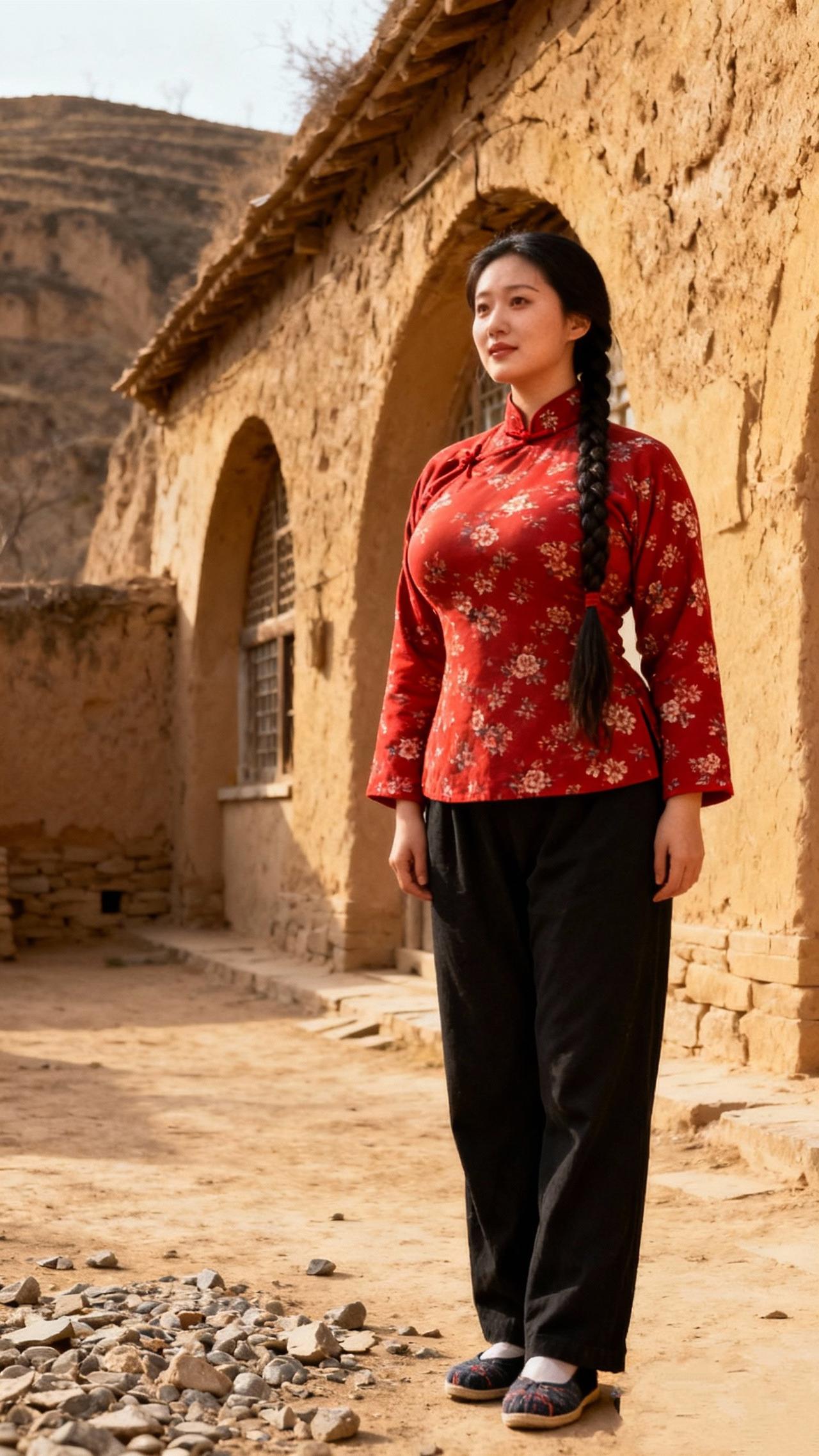 《眺望》黄土崖边窑舍苍，红衫凝立望山冈。青丝垂辫随风曳，心事如云寄远