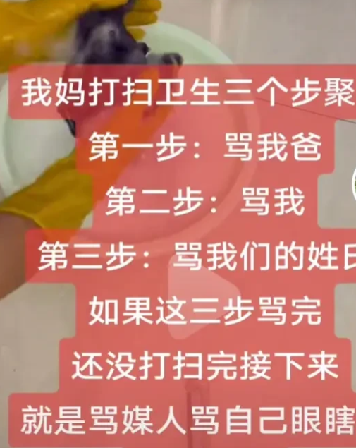 过年打扫卫生多少人是边打扫边骂人的？有位网友说他妈妈每年打扫卫生必有三部曲:第一