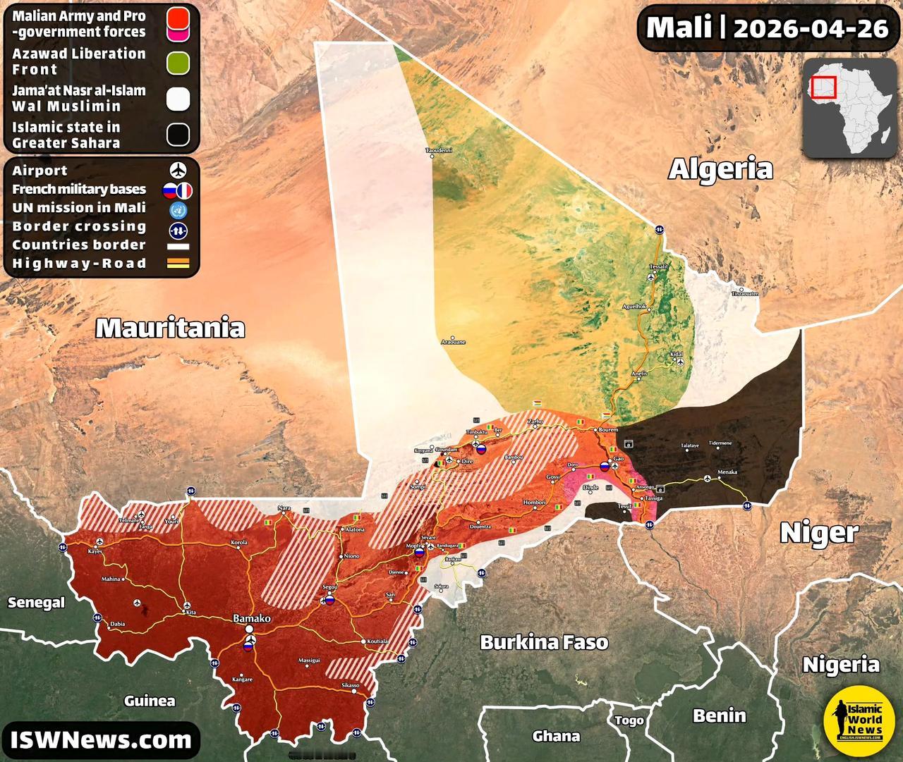西非的马里最近局势急剧恶化，“基地”组织西非分支和“伊斯兰国”西非分支竟然联手了