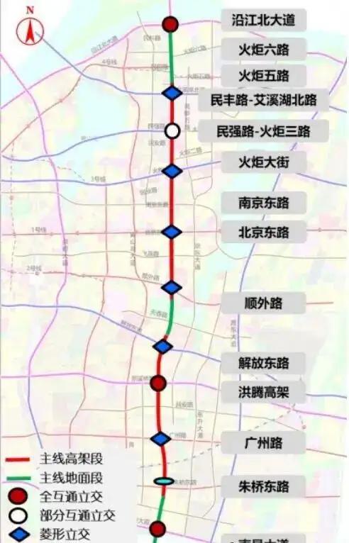 南昌东二环—高新大道快速化改造示意图南昌东二环全长14.9公里，北接隆兴大桥，