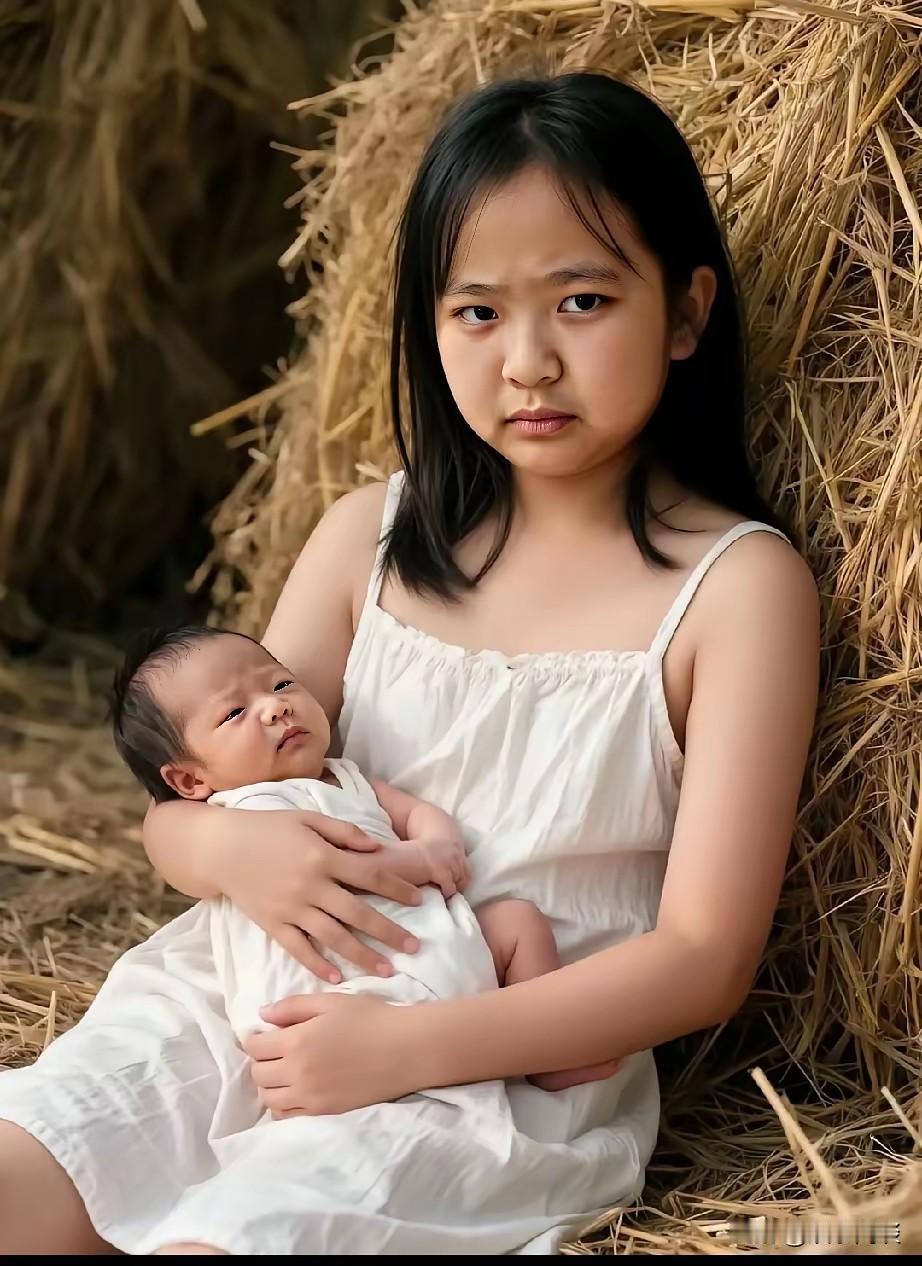 画面中小女孩抱着婴儿，看得出来应该是姐姐在照看弟弟妹妹。能从她的神情里看出淡淡