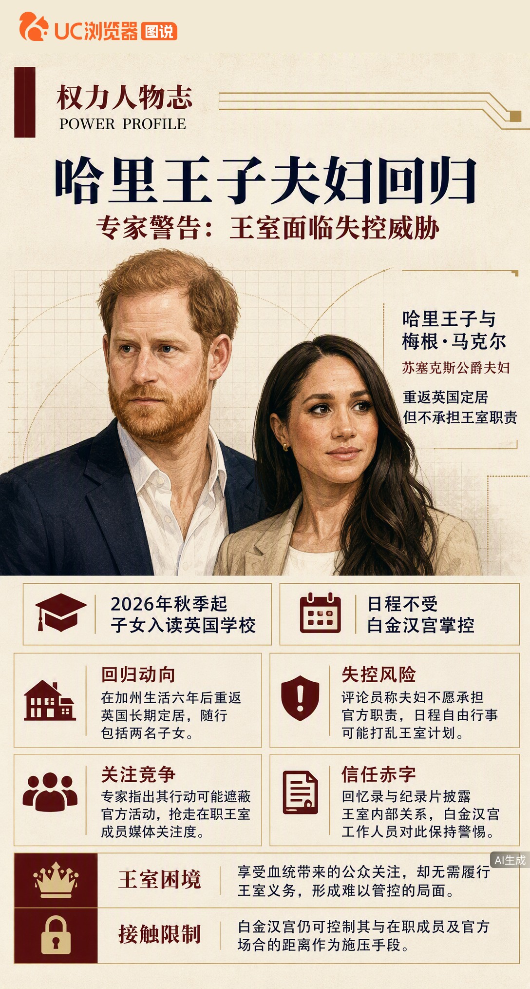 哈里梅根定居英国却不履职，专家警告王室面临“失控威胁”：夫妇日程不受控易抢官方风头，白金汉宫虽能限制