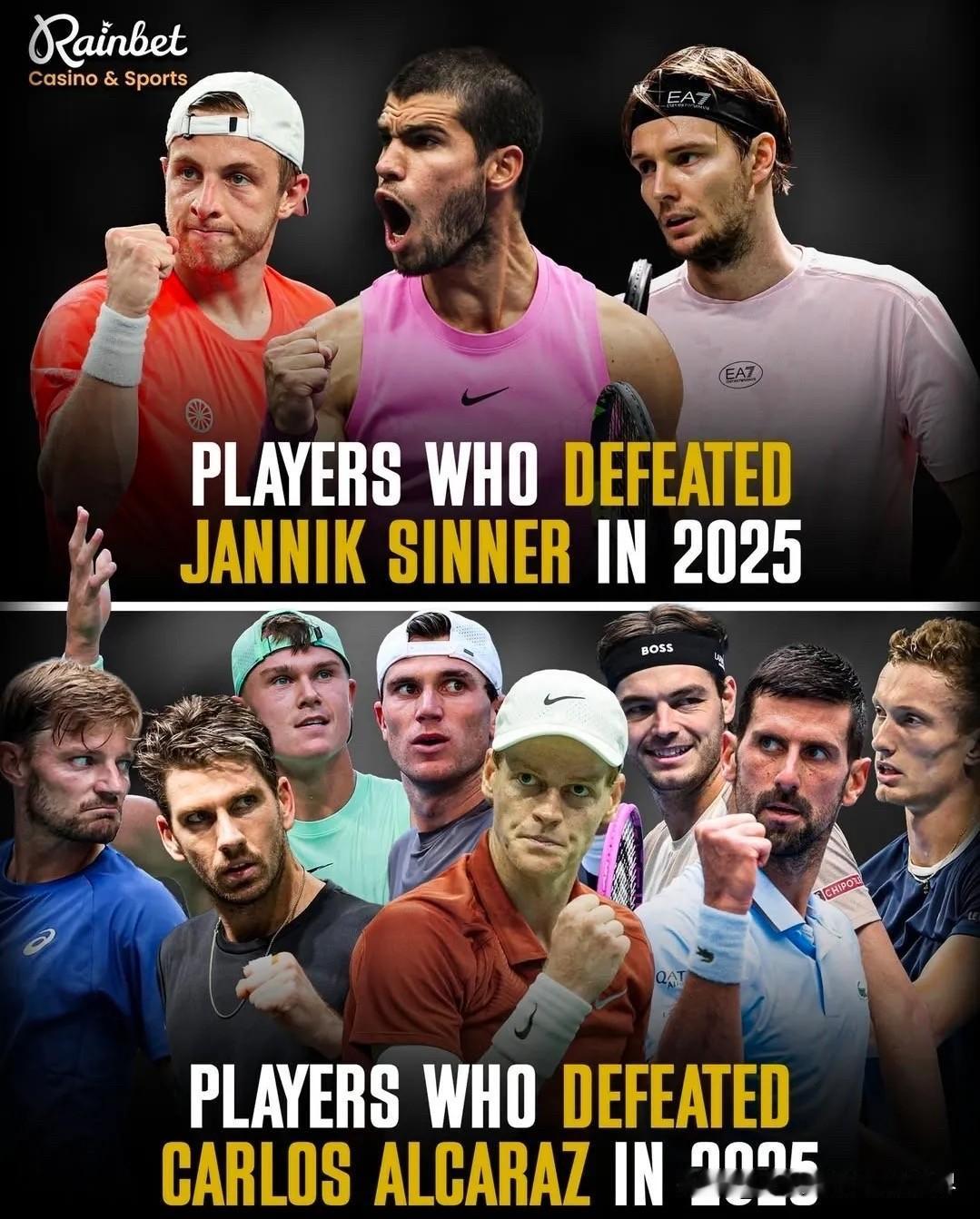 本赛季，辛纳只输给过三位不同的球员，而他六场败绩中的四场都来自阿尔卡拉斯。与