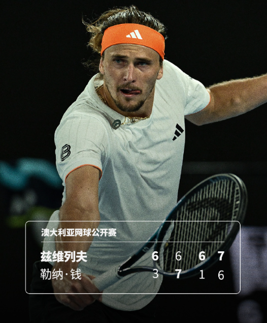 澳网2026男单1/4决赛，3号种子兹维列夫以6-36-7(5)6-17-