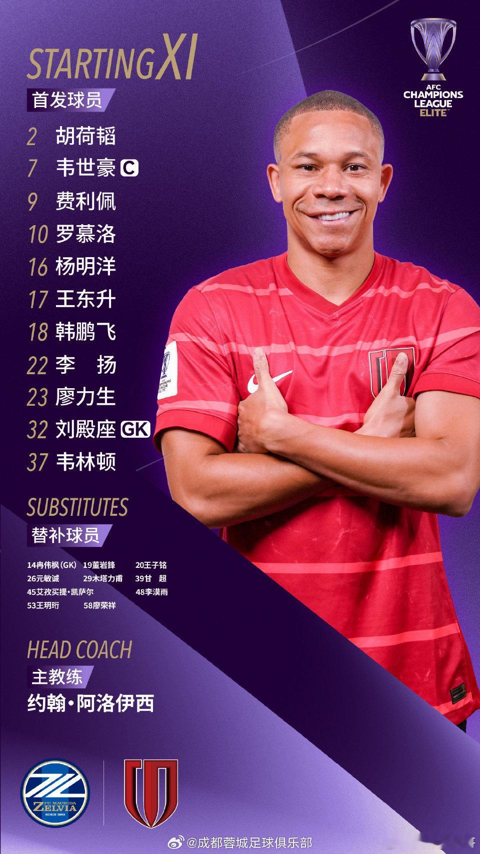 成都蓉城首发和上场没变化，元敏诚坐替补席，后防还是个大问题。此前成都蓉城与神户、