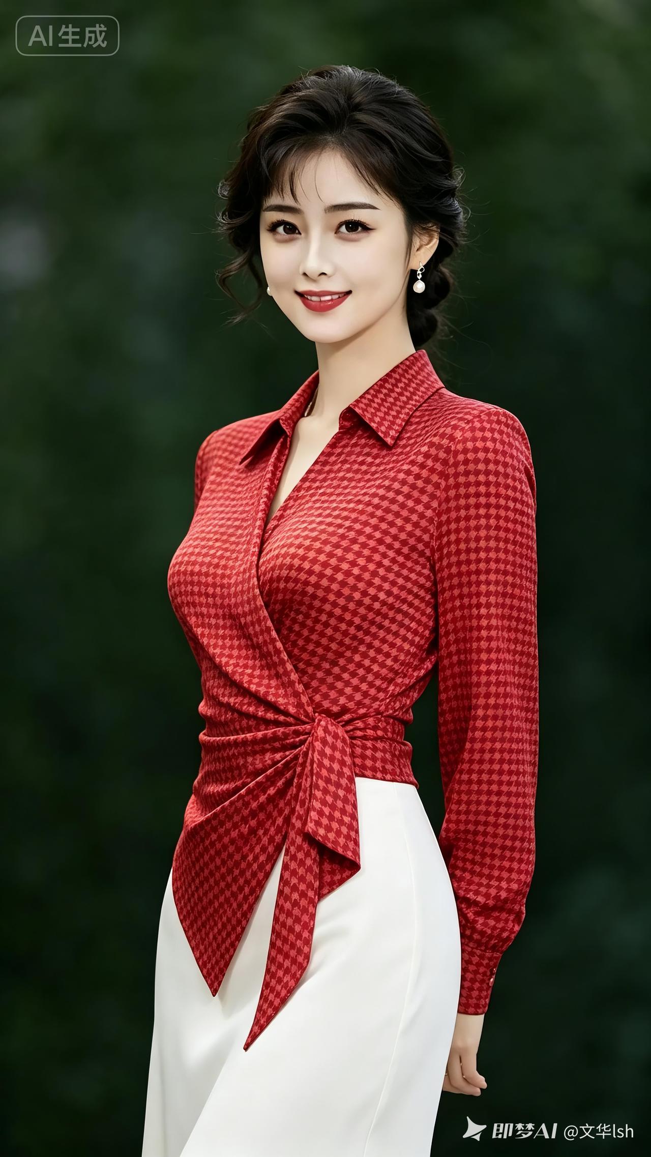 二十五岁气质佳人，精致五官线条柔和，曼妙沙漏曲线，宝石红千鸟格不规则衬衫叠白长裙