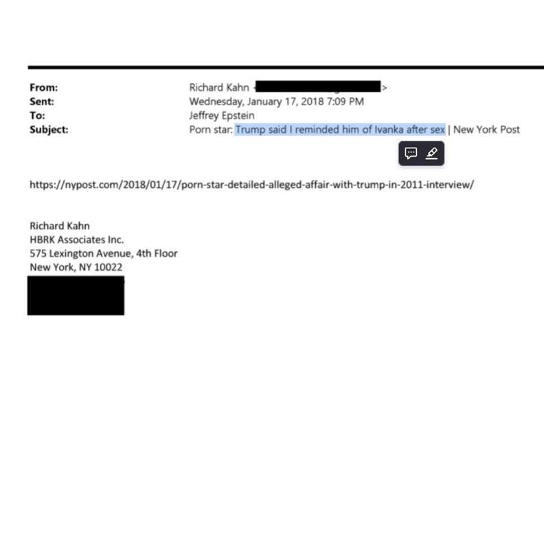 特朗普曾说：你让我想起了性爱后的伊万卡。根据爱泼斯坦档案中新公布的一封电子邮