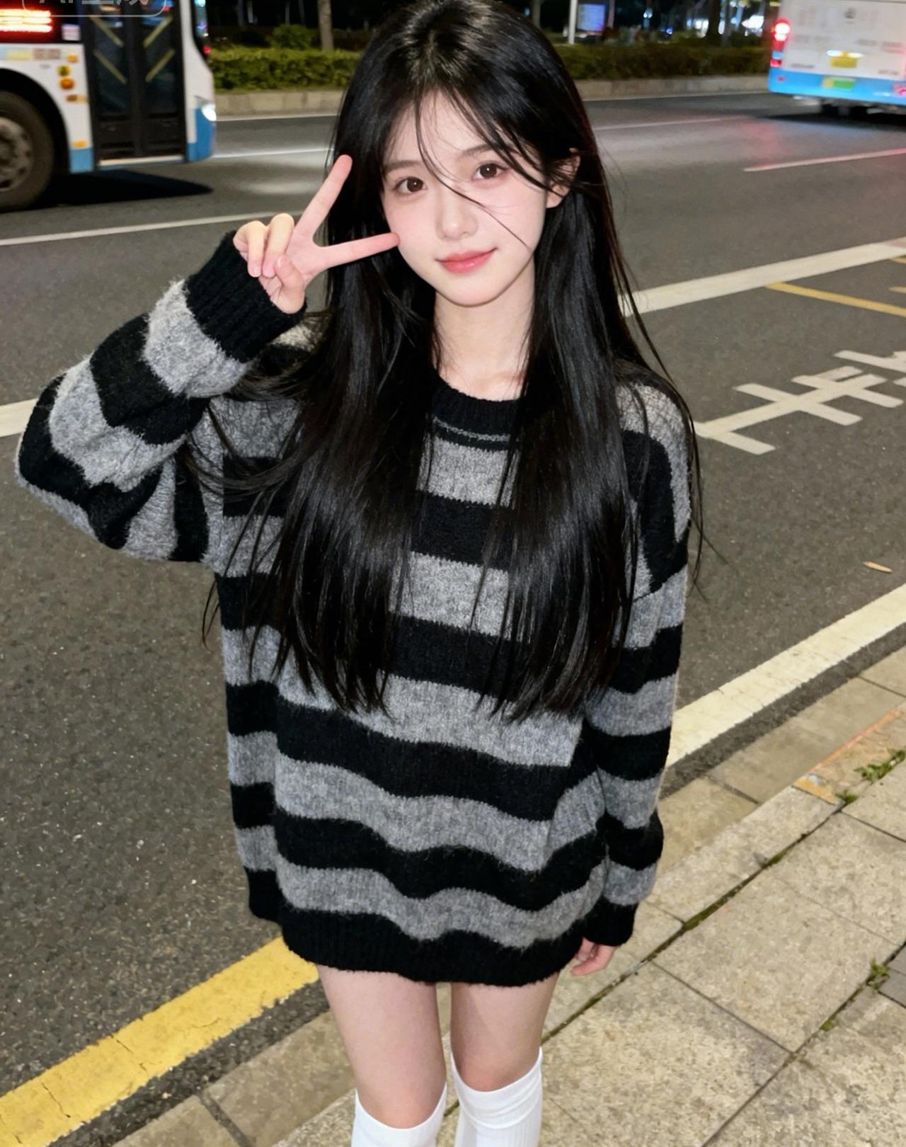 晚上在公交站等车的漂亮女孩。城市街头少女街角里的美女下班路上的美女