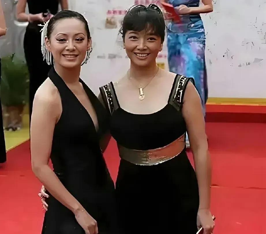 江珊和宁静两个姐妹合影，两个人都穿着黑色的裙子，江珊选的这件衣服很失败啊！感觉好