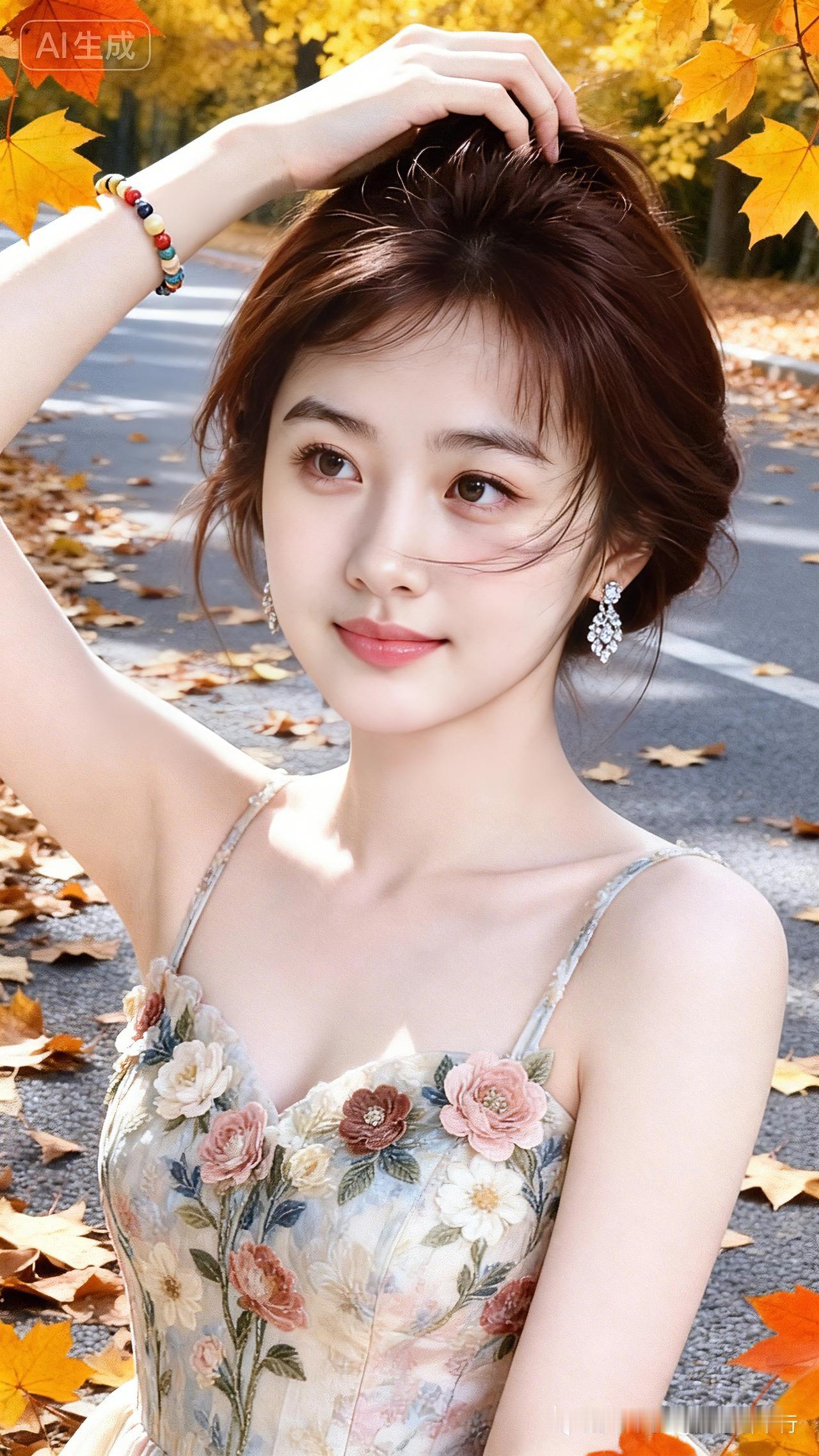 秋径芳颜金枫漫洒落秋光，俏立林间韵自扬。鬓发轻随风影晃，花裙朵朵溢清香。