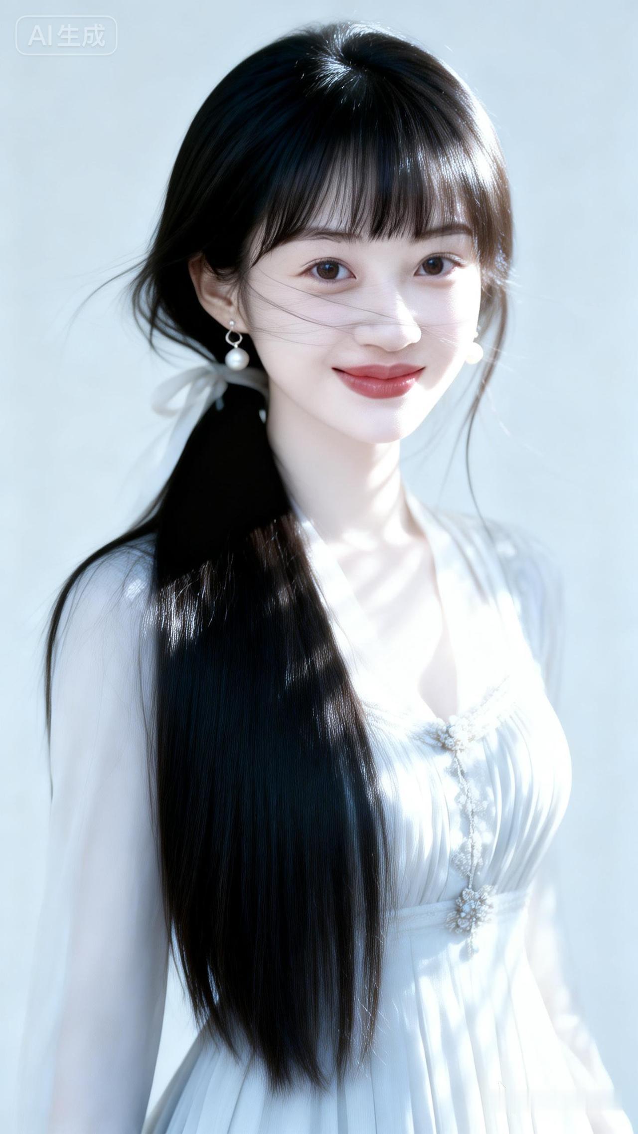 温柔甜美的少女，一袭白色连衣裙，散发着优雅的气息。