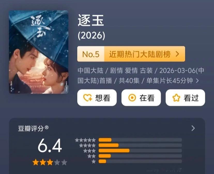 同样是张凌赫搭档高颜值热门95花，《逐玉》热度飙升，虽然口碑有争议但评分也及格了
