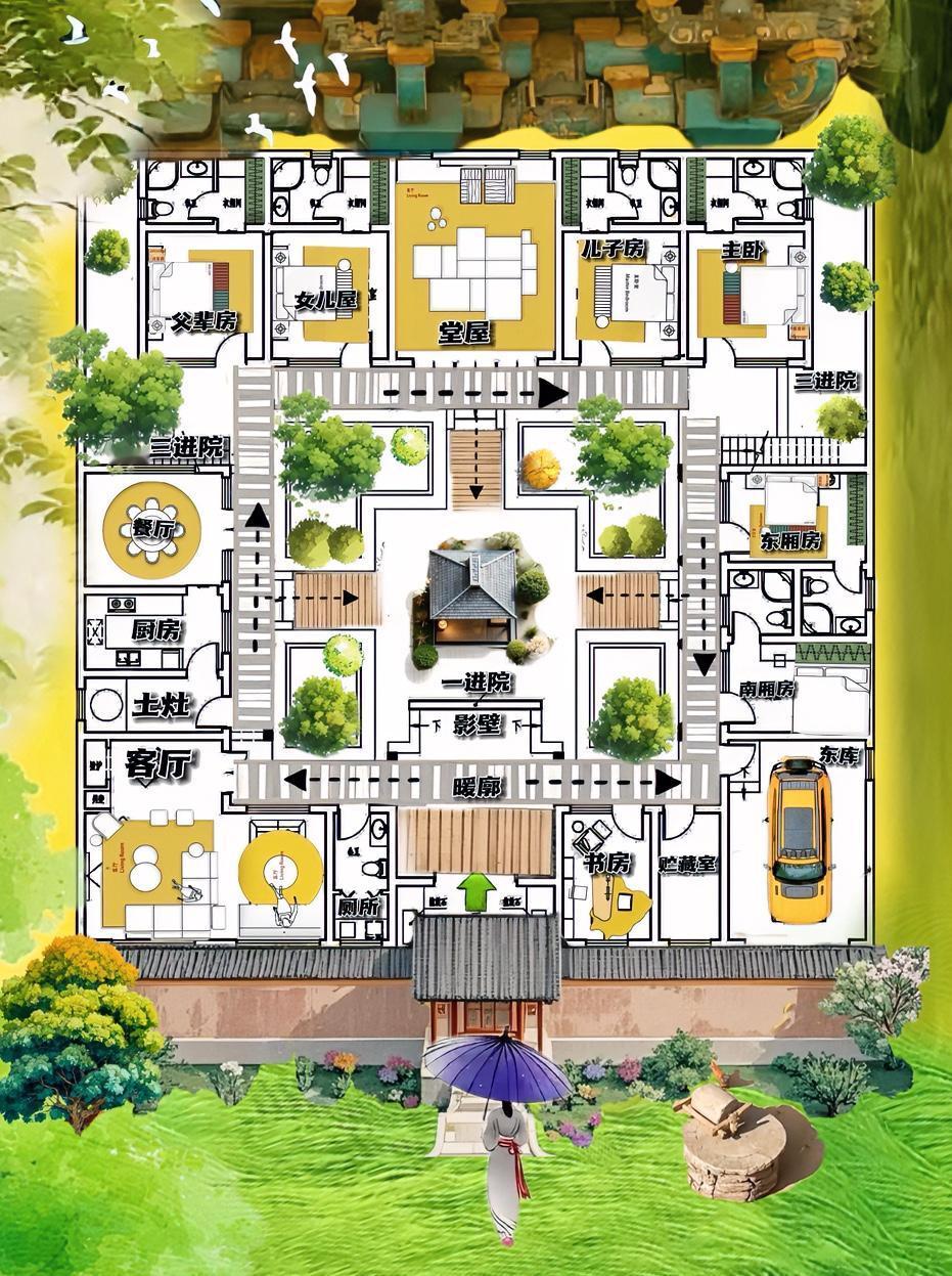 你看，合院这东西，骨子里有次序，三岁的529㎡，布局逻辑很清晣，从菜地逆袭成白墙