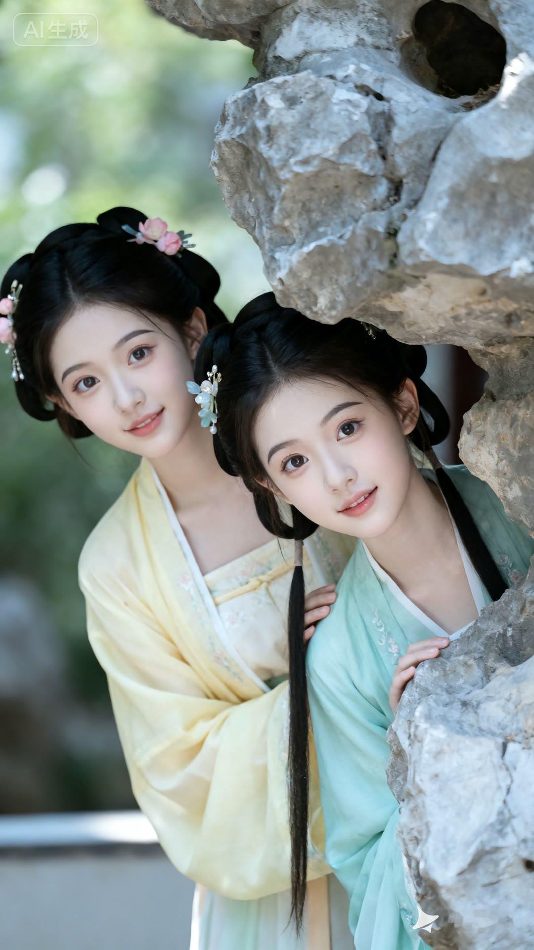 “穿越千年的少女，花间笑语”🌸👗👭