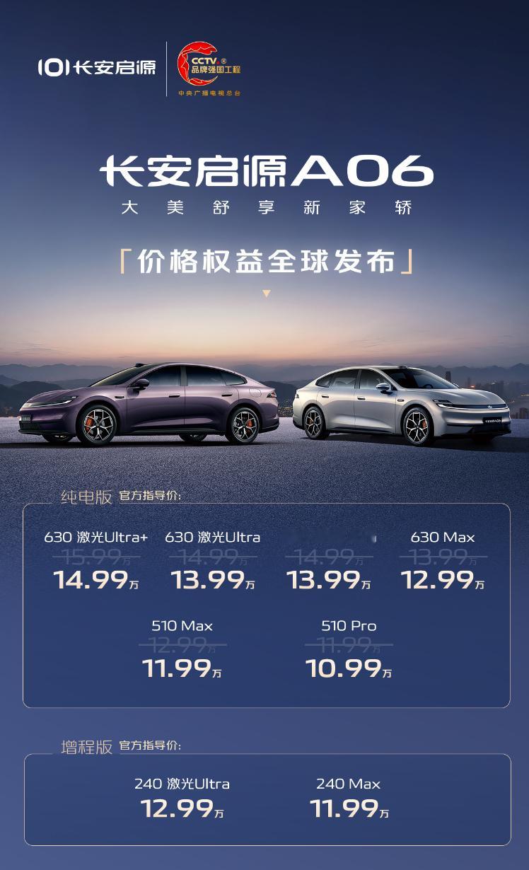 长安启源A06价格和权益正式发布，纯电六个配置，售价10.99～14.99万元；