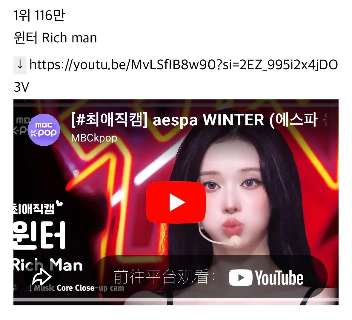 今年音中最爱自拍播放量TOP101.Winter《RichMan》116万2