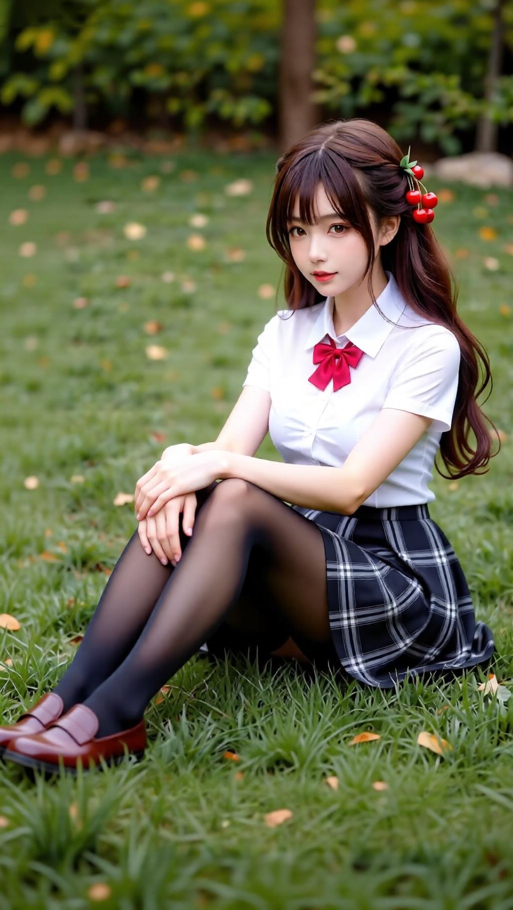 校园少女风，红领结与樱桃发饰的完美搭配，青春气息满满！