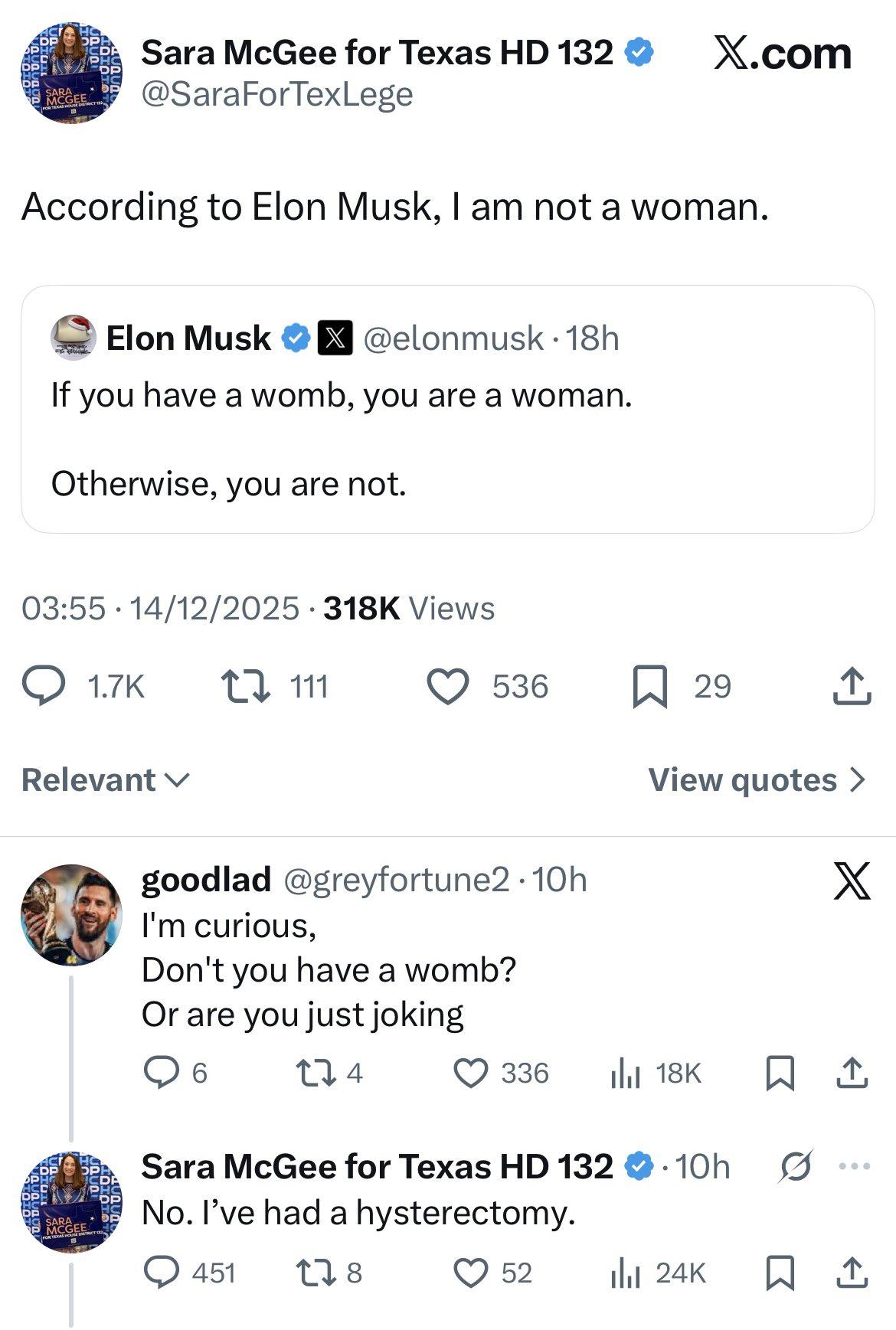 马斯克在社交平台发文说：“如果你有子宫，你就是女人；如果没有子宫，你就不是女人。