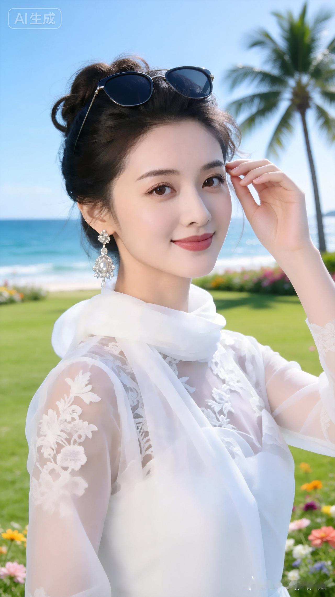 海边草坪晴空万里，蓝天大海椰树相映，花丛点缀。美女头戴墨镜，右手抬手扶镜，自然柔