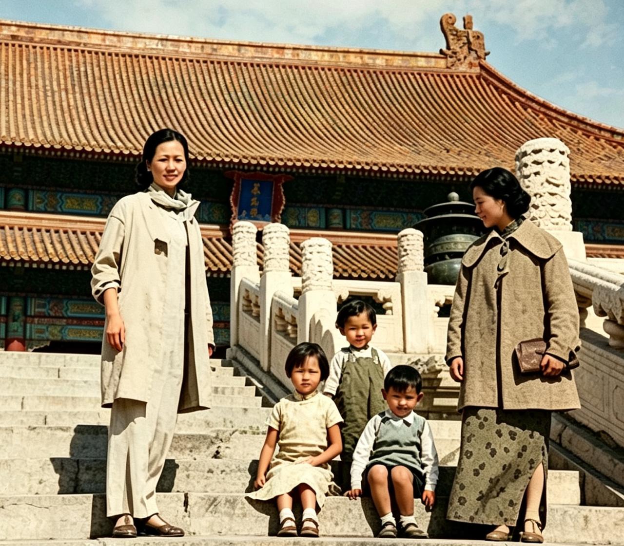 林徽因与小姑子梁思庄在北京故宫这是一张经现代修复后的照片，图中穿白色上衣者为林