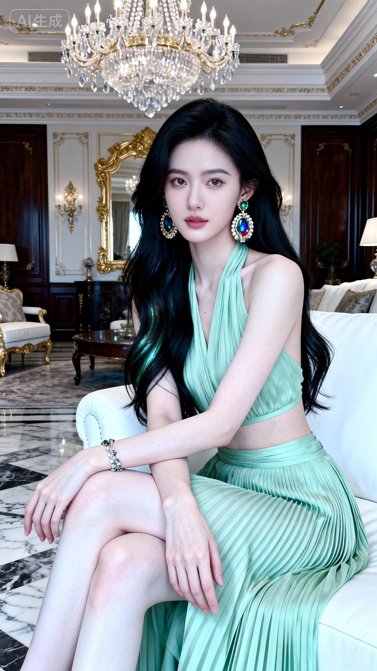 奢华宫廷风，绿裙美人坐，闪耀珠宝配，典雅气质显爱拍照的女生到底有多迷人呢?女人