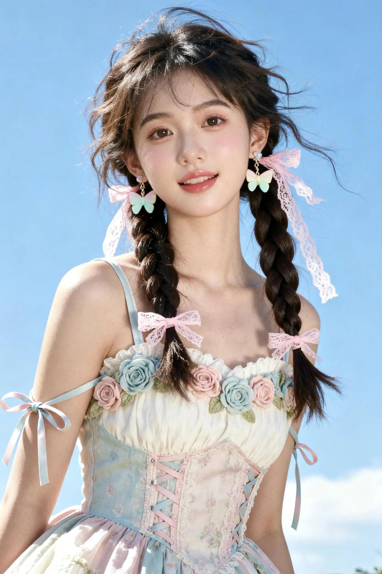 梦幻少女风，甜美蝴蝶结发饰，粉色蕾丝裙，阳光下的可爱女孩