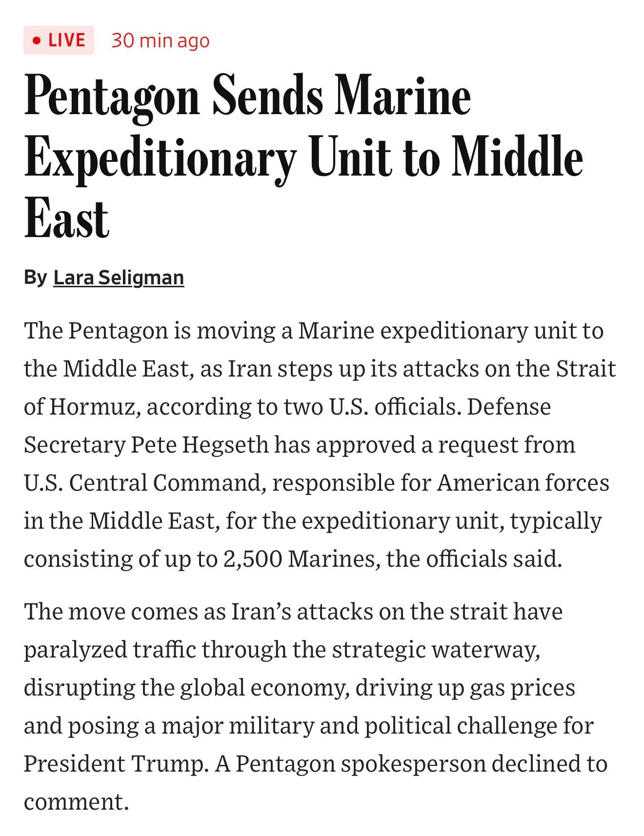 🔻华尔街日报报道，2名美军高官透露，美军正在准备向中东派遣海军陆战远征战斗队。