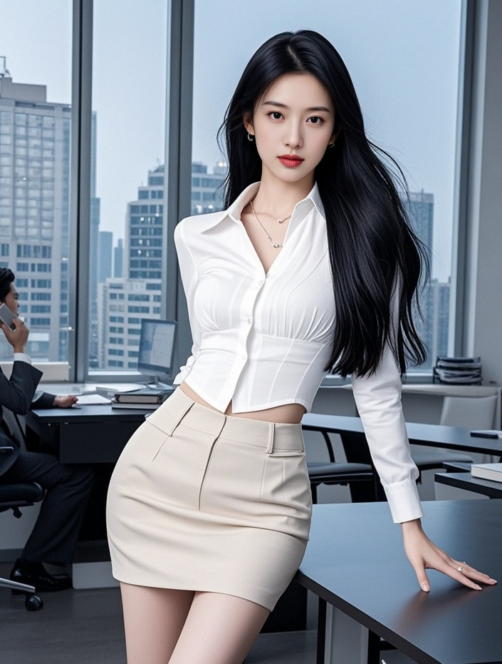 丰腴曲线衬衫掩，职场佳人笑嫣然