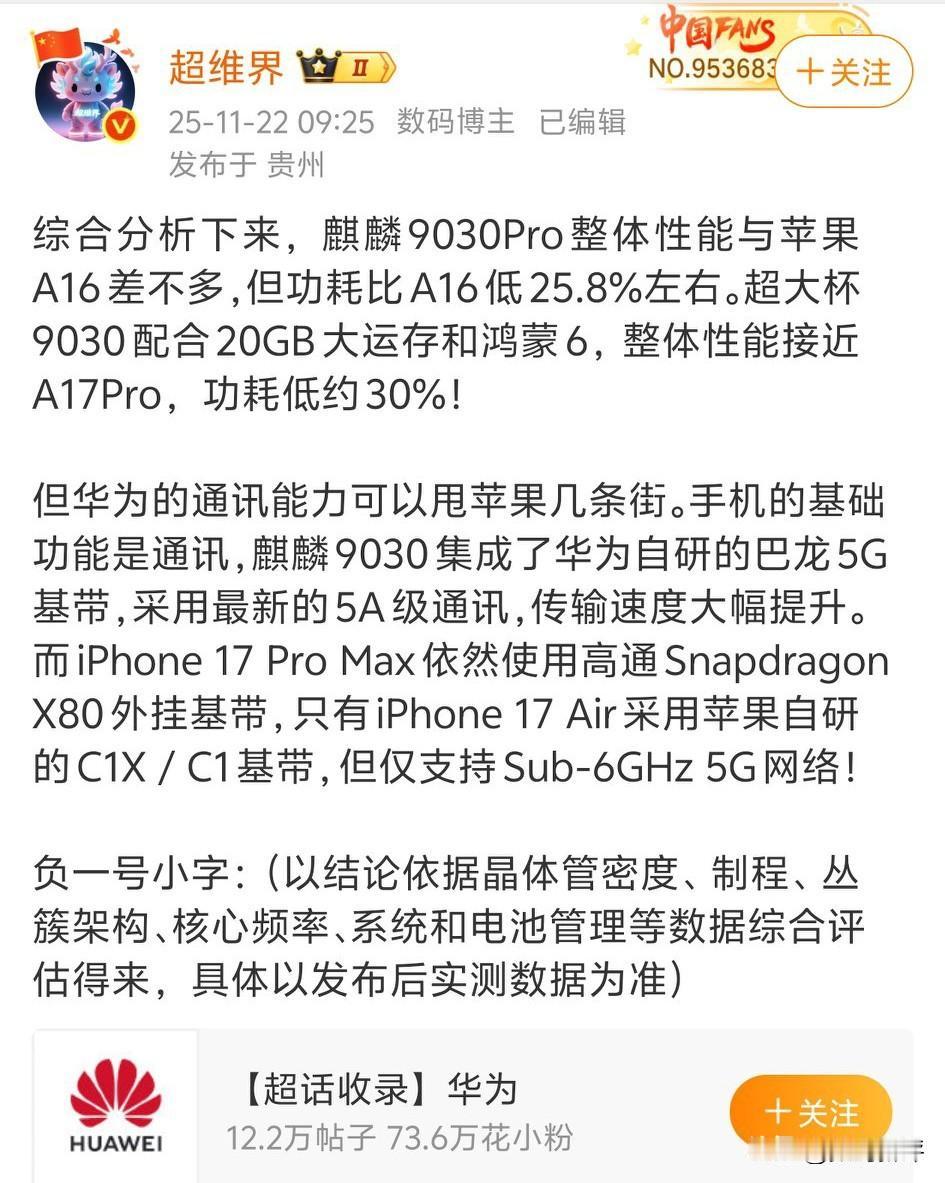 麒麟9030Pro对标苹果A16[笑着哭]但是功耗会更低，麒麟芯功耗低就是优势之一