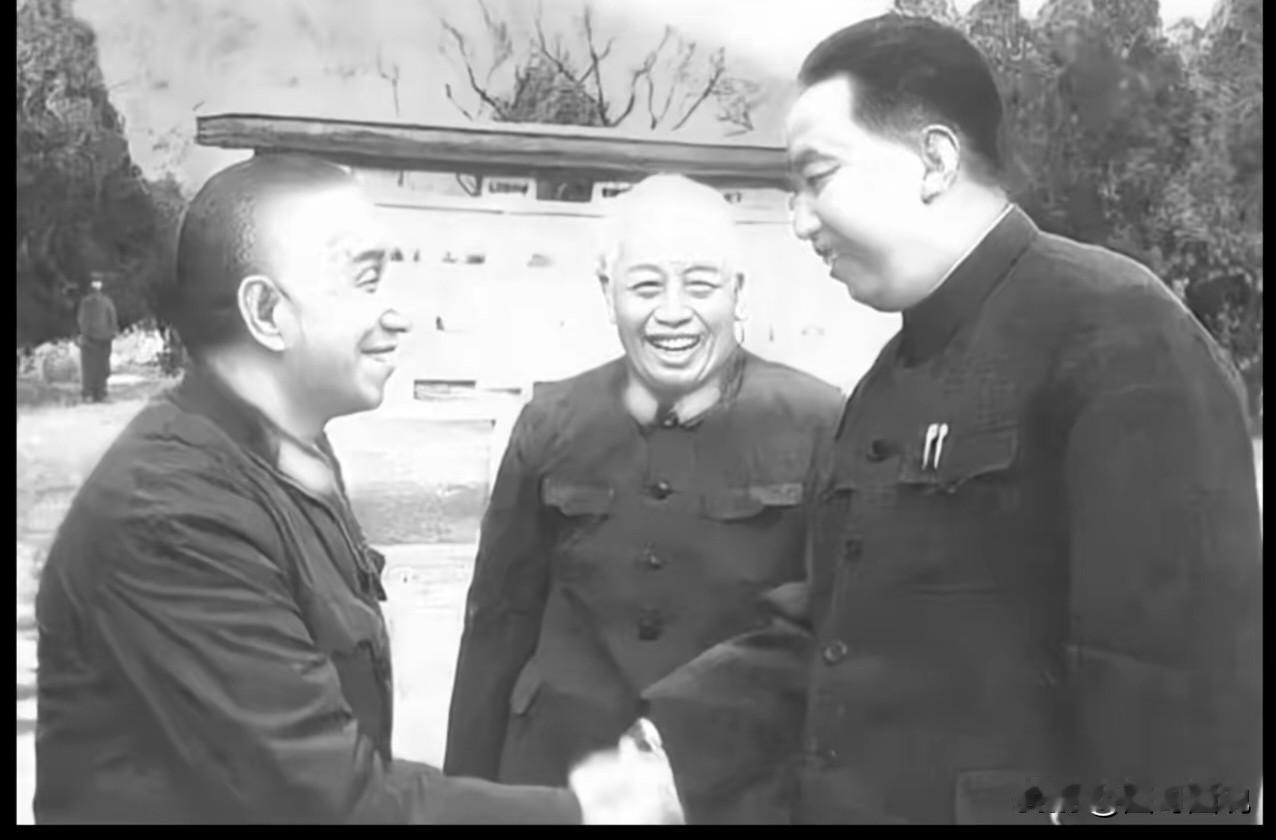 宋时轮陪同华国锋视察军事科学院时，华国锋与粟裕亲切握手。