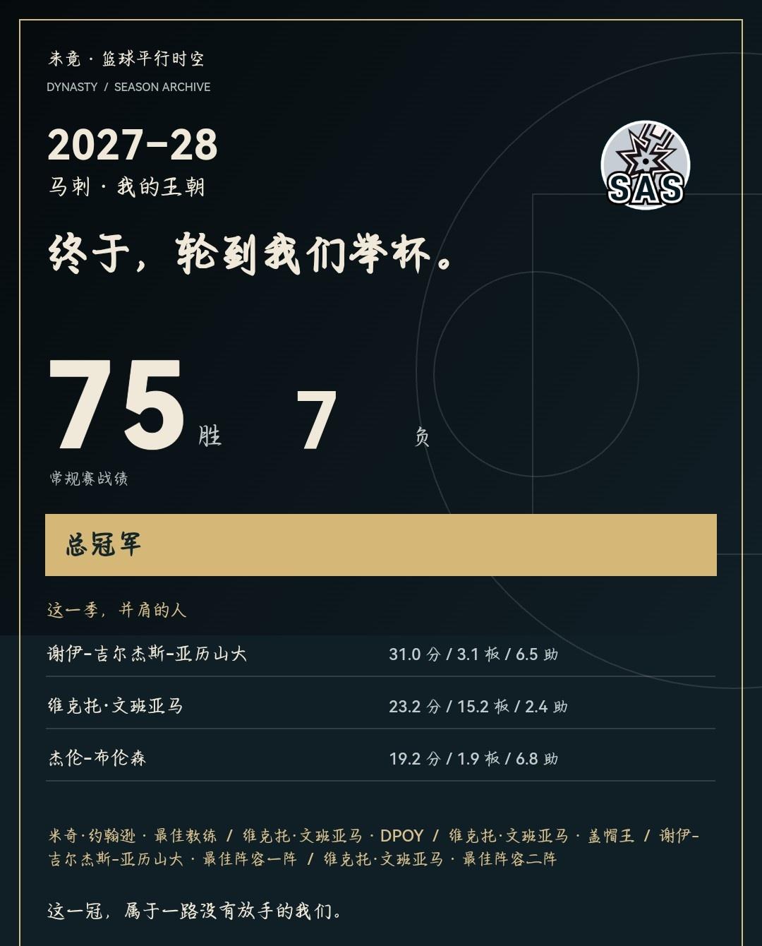 2027–28的马刺：终于把冠军带回家2027–28，我和马刺一起走完了这一年