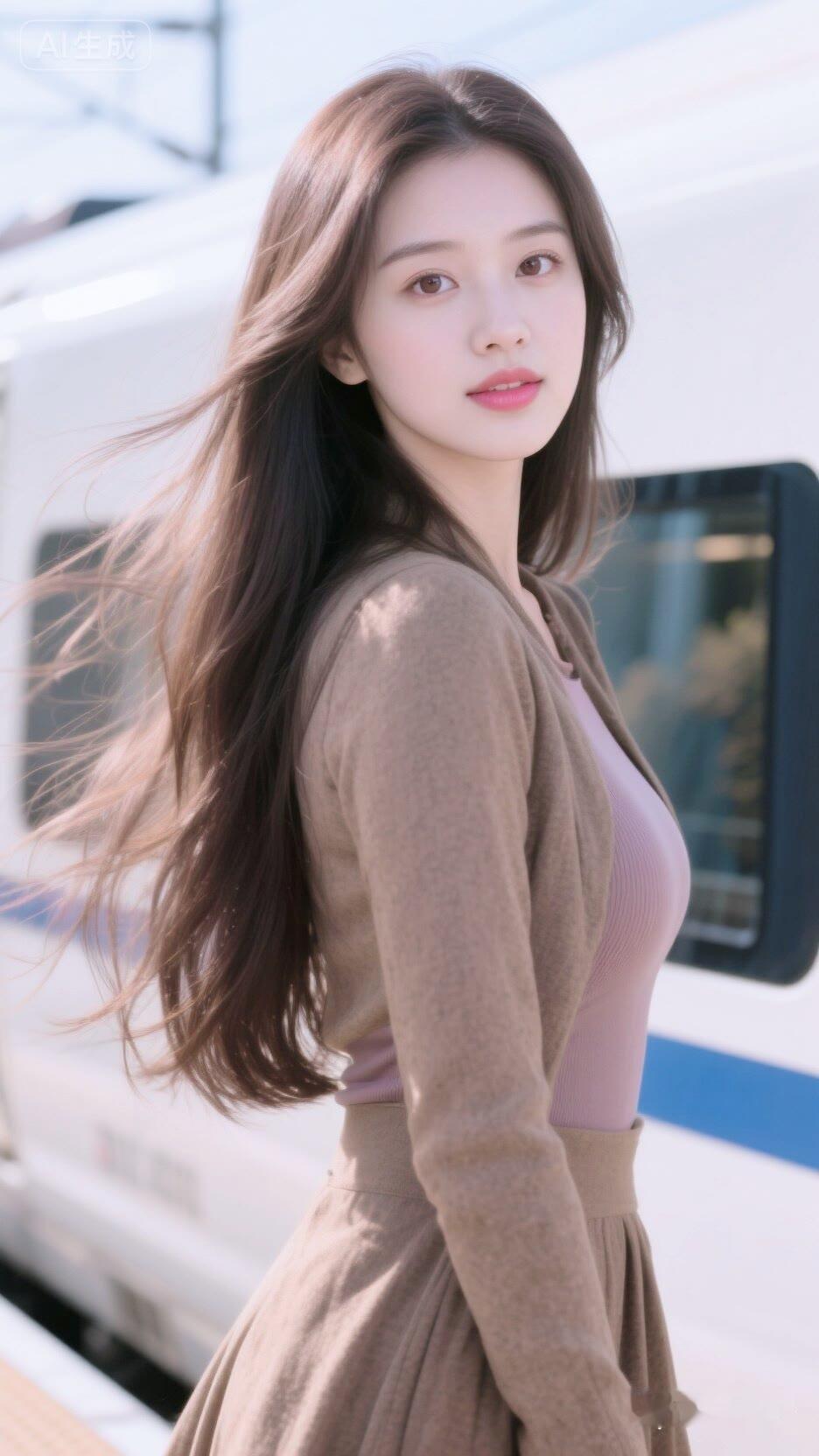 在阳光下的温柔瞬间，少女与火车的邂逅