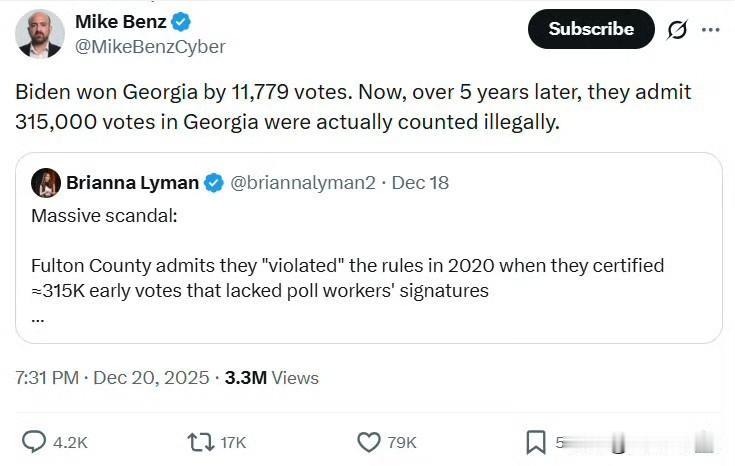 拜灯在乔治亚州以11779票获胜。现在，五年多之后，他们承认乔治亚州实际上有31