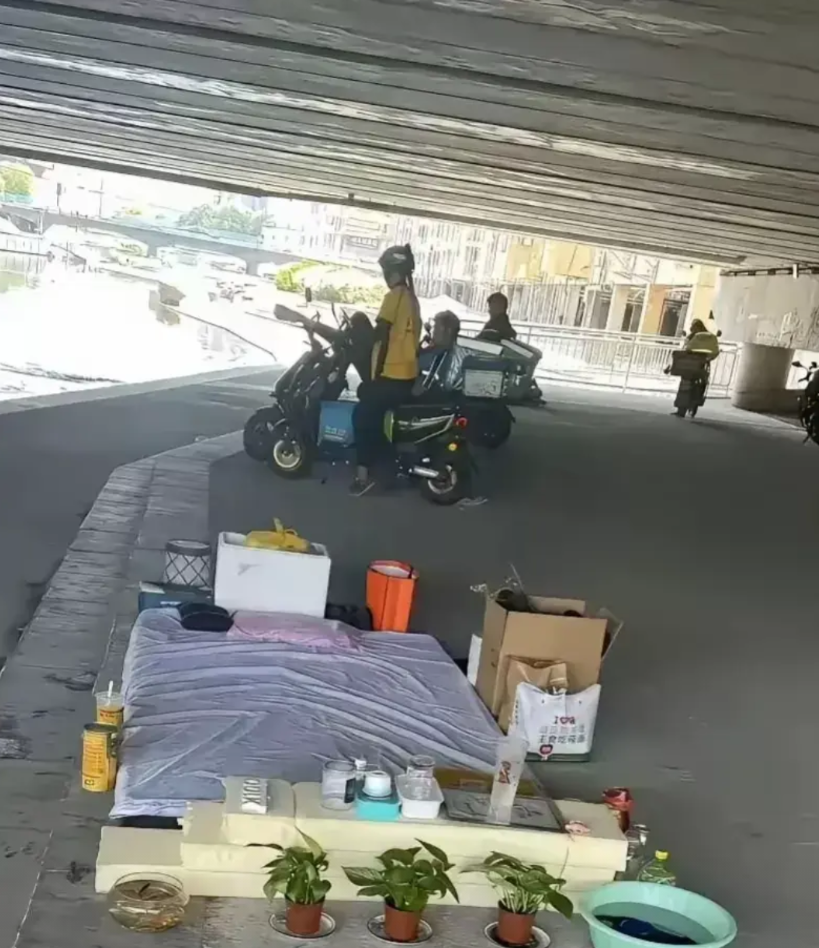 “彻底解释不清了”有一名外卖小哥中午在立交桥底下午休的时候，看到桥底下放着一张床